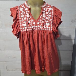 Women's Blouse Size Large Ruffle Sleeve Embroidered Western Rodeo Burnt Orange